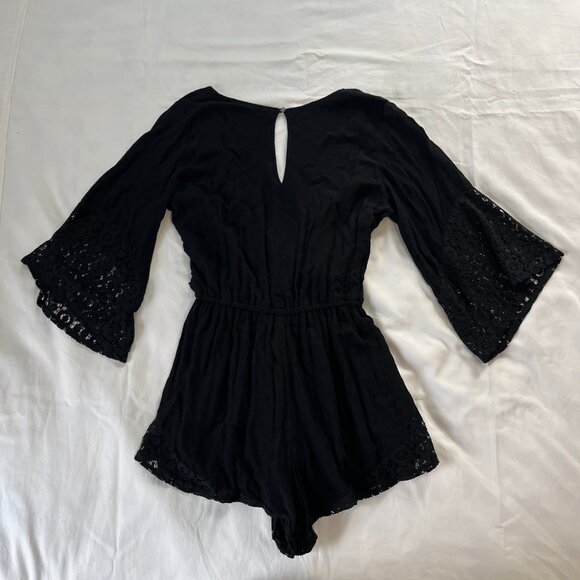 Abercrombie & Fitch Solid Black Boho Lace Sleeve V-neck Romper | Size M - Picture 6 of 7